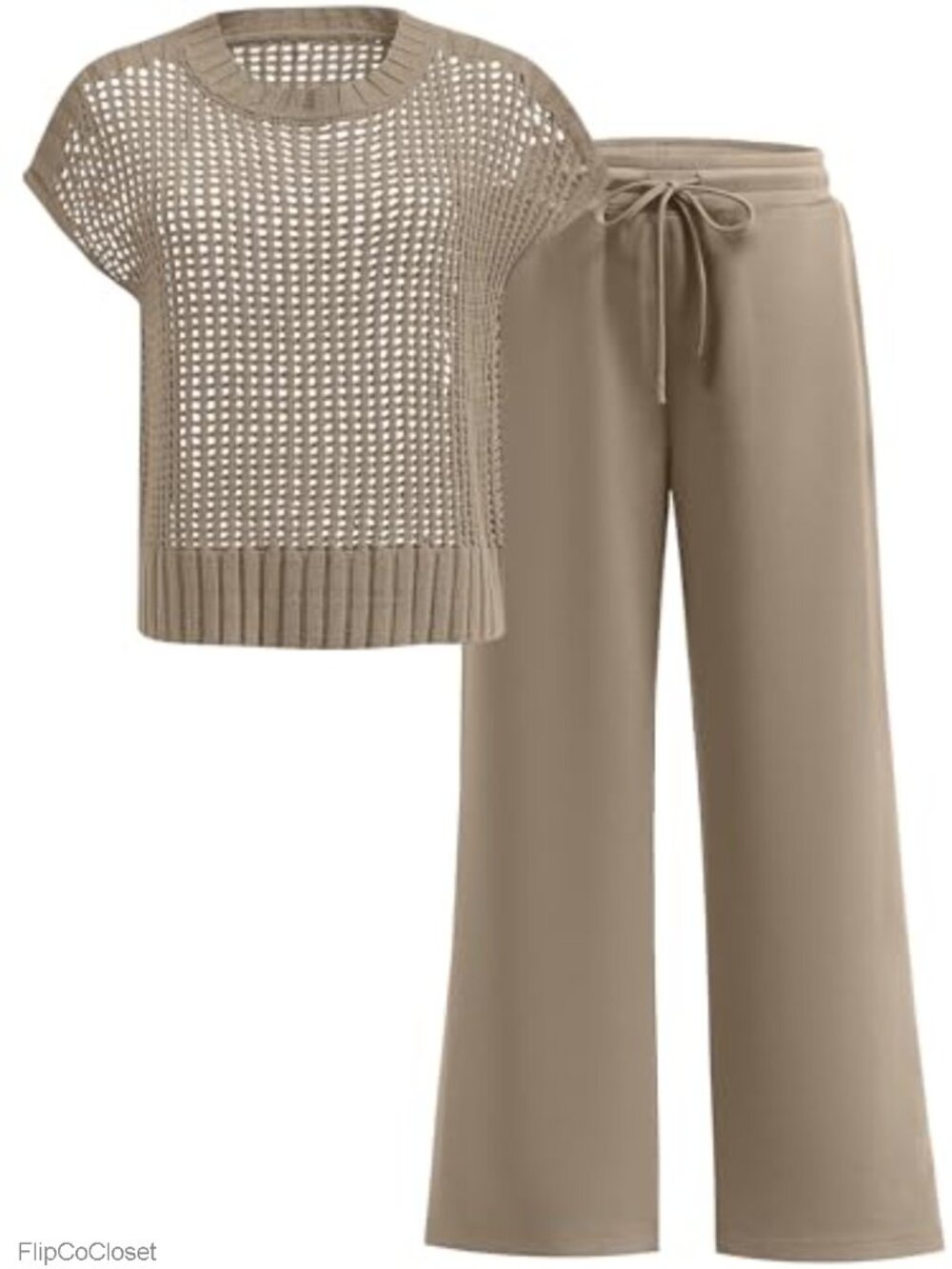 Women Two Piece Knit Lounge Set Sheer Crochet Sweater Wide Leg Pants Matching
